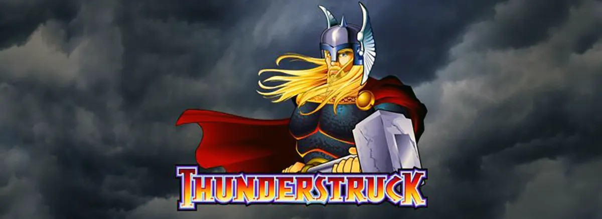 “Thunderstruck slot splash image showing a Viking/Thor-like warrior in a winged silver helmet with long blond hair and a flowing red cape, holding a large hammer against dark storm clouds, with the ‘Thunderstruck’ logo centered at the bottom.”
