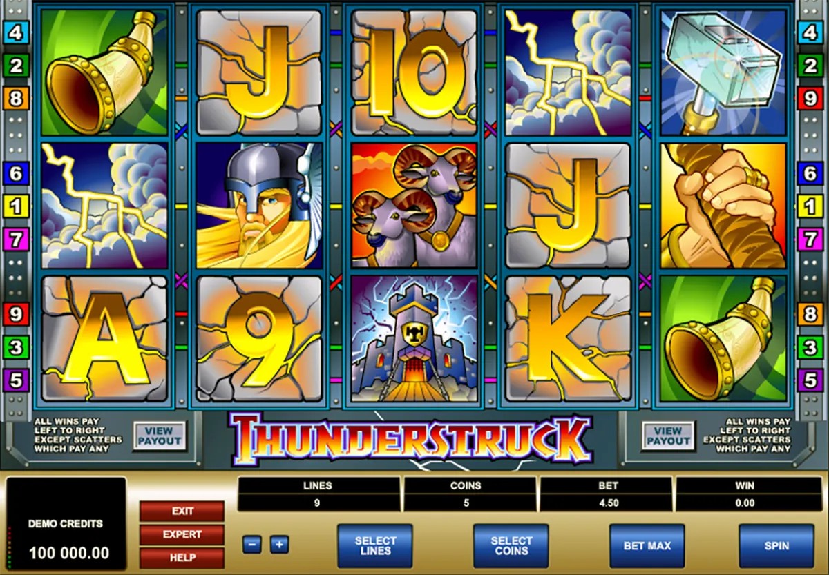 Thunderstruck slot game screen showing five reels with Norse-themed symbols like Thor’s hammer, lightning clouds, a Viking warrior, rams, a horn, and stone letters and numbers, plus the control panel with bet, lines, and spin buttons at the bottom.