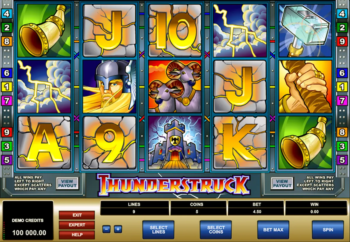 Thunderstruck slot game screen showing five reels with Norse-themed symbols like Thor’s hammer, lightning clouds, a Viking warrior, rams, a horn, and stone letters and numbers, plus the control panel with bet, lines, and spin buttons at the bottom.